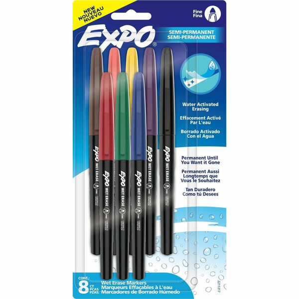 Expo Wet Erase Markers, Fine Tip - Fine Marker Point - Erasable - Assorted Ink - Glass - 8 / Pack