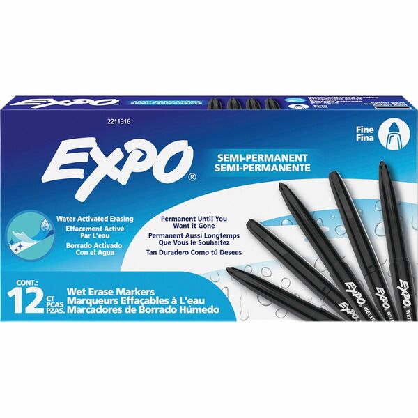 Expo Wet Erase Markers, Fine Tip - Fine Marker Point - Erasable - Black Ink - Glass, Home, Office - 1 / Piece