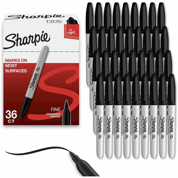 Sharpie Permanent Marker - 1 mm (0.04") Fine, Bold Marker Point - Black Ink - Black Barrel - 36 / Box