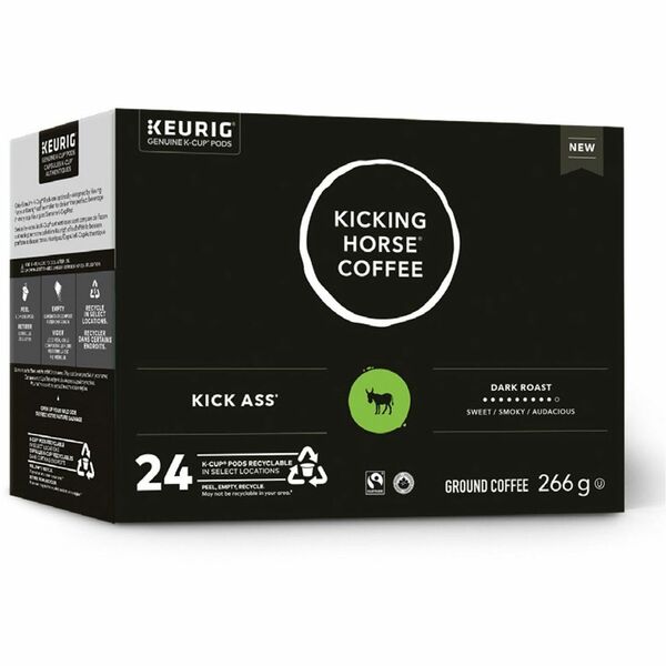 Kicking Horse K-Cup, Pod Coffee Kick Ass Dark Roast - Compatible with Keurig K-Cup Brewer - Dark - 24 K-Cup - K-Cup, Pod - Smoky, Vanilla, Dark Chocolate - Organic - 24 / Box