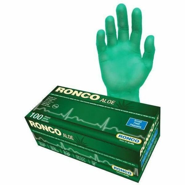RONCO ALOE Examination Gloves - 5 mil (0.13 mm) Thickness x 9.50" (241.30 mm) Glove Length - Small Size - For Right/Left Hand - Polymer, Vinyl - Green - Durable, Flexible, Comfortable, Ambidextrous, Stretchable - For Environmental Service, Automotive, Den