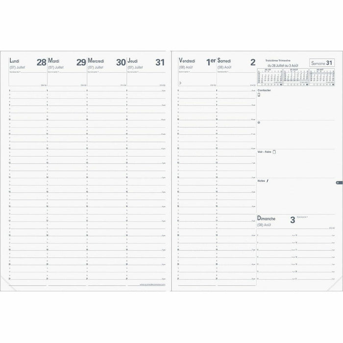 Quo Vadis Re-Fill Agenda - Weekly - August to August - 8:00 AM to 9:00 PM - Quarter-hourly - Monday - Saturday, 8:00 AM to 9:00 PM - Hourly - Sunday - 1 Week Double Page Layout - 8 17/64" (210 mm) x 11 11/16" (297 mm) Sheet Size - White Sheet - Stitched -