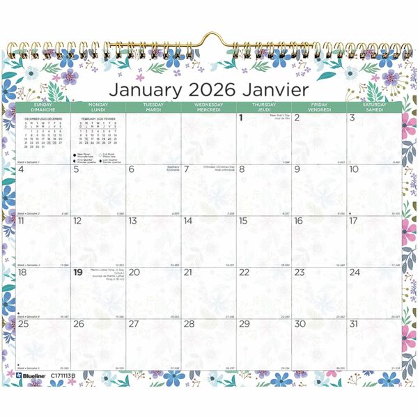 Blueline Wildflowers Monthly Wall Calendar. 15" x 12" , Bilingual - Monthly - 12 Month - January 2026 to December 2026 - 1 Month Single Page Layout - 12" (304.80 mm) x 15" (381 mm) Sheet Size - Twin Wire - Wall Mount - White - Chipboard - 1 Each