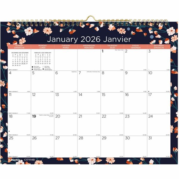 Blueline Twilight Floral Monthly Wall Calendar. 15" x 12" , Bilingual - Monthly - 12 Month - January 2026 to December 2026 - 1 Month Single Page Layout - 12" (304.80 mm) x 15" (381 mm) Sheet Size - Twin Wire - Wall Mount - White - Chipboard - 1 Each