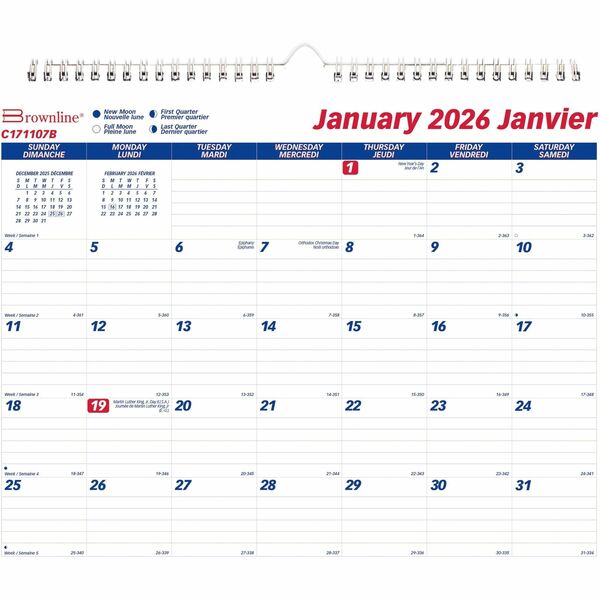 Blueline Classic Monthly Wall Calendar, 15" x 12" , Bilingual - Monthly - 12 Month - January 2026 to December 2026 - 1 Month Single Page Layout - 12" (304.80 mm) x 15" (381 mm) Sheet Size - Twin Wire - Wall Mount - White - Chipboard - Bilingual, Reinforce