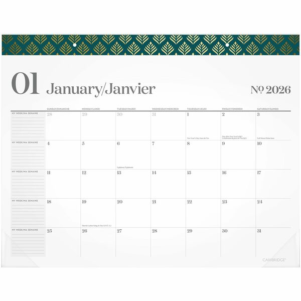Cambridge Workstyle Monthly Desk Pad Calendar, 21-3/4" x 17" , Bilingual - Monthly - 12 Month - January 2026 to December 2026 - 21 3/4" (552.45 mm) x 17" (431.80 mm) Sheet Size - 2" (50.80 mm) x 2.50" (63.50 mm) Block - Desk Pad, Desktop - Wall Mount - Te