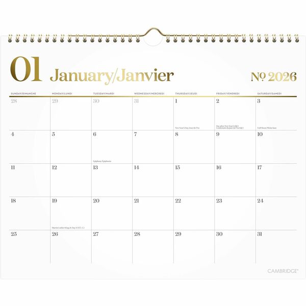 Cambridge Workstyle Wall Calendar, 15" x 12" , Bilingual - Professional - Monthly - 12 Month - January 2026 to December 2026 - 1 Month Single Page Layout - 15" (381 mm) x 12" (304.80 mm) Sheet Size - 2.81" (71.37 mm) x 2.18" (55.37 mm) Block - Twin Wire -