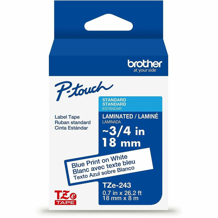 P-touch Label Tape - x 45/64" (18 mm) Width x 26 1/4 ft (8 m) Length - Tape - Thermal - Blue on White - Water Resistant - Laminated - For Label Maker - 1 Each