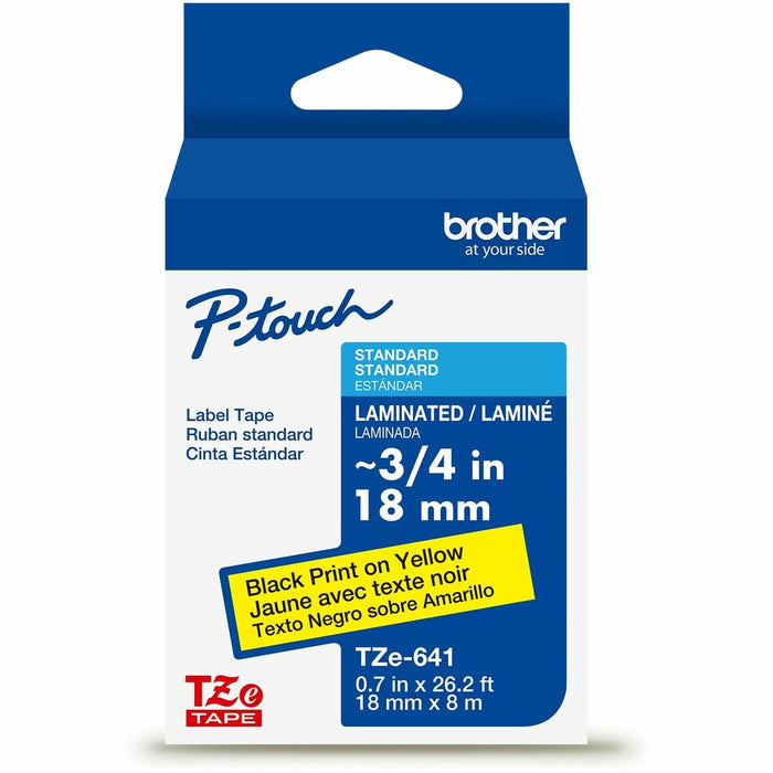 Brother Genuine P-touch TZe641 BK on YL Label Tape, Laminated, 18mmX8m - 45/64" (18 mm) Width - Yellow - Laminated - Water Resistant - 1 Each