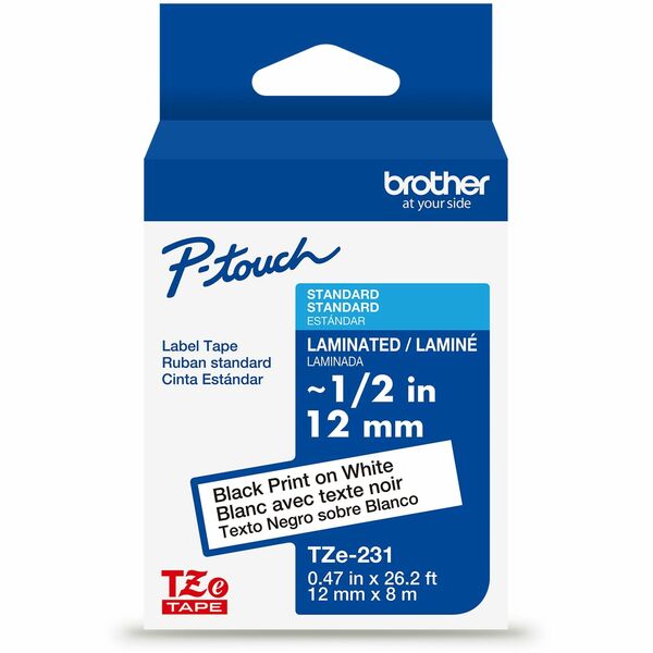 Brother Genuine P-touch TZe231 BK on WHT Label Tape, Laminated, 12mmX8m - 15/32" (12 mm) Width - White - Laminated - Water Resistant - Durable, Abrasion Resistant, Chemical Resistant, Grease Resistant, Grime Resistant, Temperature Resistant, Fade Resistan