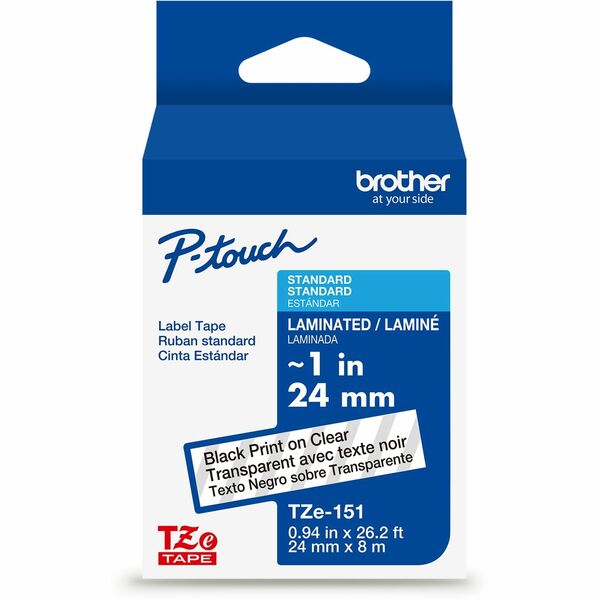 Brother Genuine P-touch TZe151 BK on CLR Label Tape, Laminated, 24mmX8m - 15/16" (24 mm) Width - Clear - Laminated - Water Resistant - Durable, Abrasion Resistant, Chemical Resistant, Grease Resistant, Grime Resistant, Temperature Resistant, Fade Resistan