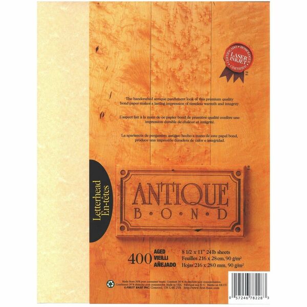 St. James&reg; Antique Bond, 24 lb Letter-Size Paper, Aged, Pack of 400, 78228 - Letter - 8 1/2" (215.90 mm) x 11" (279.40 mm) - 24 lb (10886.22 g) Basis Weight - Green Seal - Acid-free, Lignin-free - Aged - 400 Pack