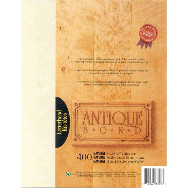 St. James&reg; Antique Bond, 24 lb Letter-Size Paper, Natural, Pack of 400, 78223 - Letter - 8 1/2" (215.90 mm) x 11" (279.40 mm) - 24 lb (10886.22 g) Basis Weight - Textured - Green Seal - Acid-free, Lignin-free - Natural - 400 Pack