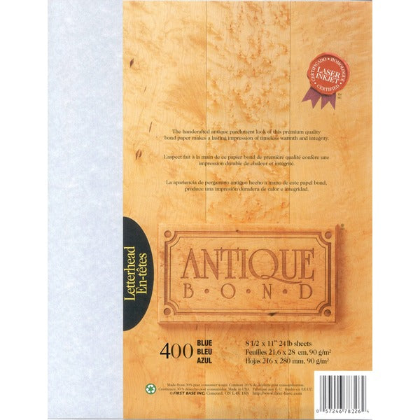 St. James&reg; Antique Bond, 24 lb Letter-Size Paper, Blue, Pack of 400, 78226 - Letter - 8 1/2" (215.90 mm) x 11" (279.40 mm) - 24 lb (10886.22 g) Basis Weight - Green Seal - Acid-free, Lignin-free - Blue - 400 Pack