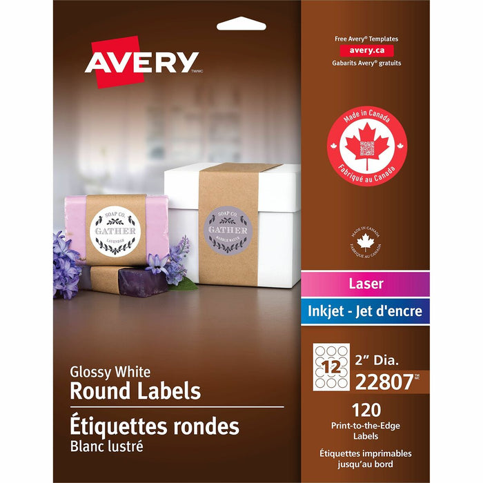 Avery&reg; Glossy White Round Labels2" Diameter - 2" (50.80 mm) Diameter - Permanent Adhesive - Round - Laser, Inkjet - Glossy - Bright White - Paper - 12 / Sheet - 10 Total Sheets - 120 Total Label(s) - 120 / Pack