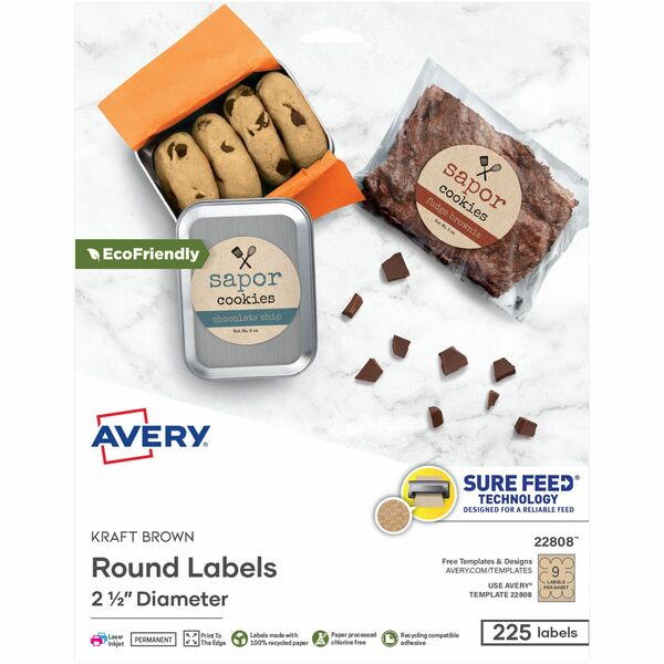 Avery&reg; Kraft Brown Round Labels2½" Diameter - 2 1/2" (63.50 mm) Diameter - Permanent Adhesive - Round - Laser, Inkjet - Matte - Kraft Brown - Paper - Print-to-the Edge, Permanent Adhesive, Bleed Resistant, Customizable, Peeling Resistant, Curl Resista
