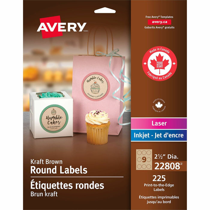 Avery&reg; Kraft Brown Round Labels2½" Diameter - 2 1/2" (63.50 mm) Diameter - Permanent Adhesive - Round - Laser, Inkjet - Matte - Kraft Brown - Paper - 9 / Sheet - 25 Total Sheets - 225 Total Label(s) - 225 / Pack