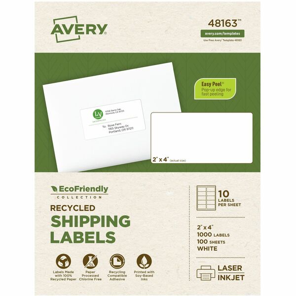 Avery Eco-Friendly Shipping Labels for Laser and Inkjet Printers, 2" x 4" - 2" (50.80 mm) Width x 4" (101.60 mm) Length - Permanent Adhesive - Rectangle - Laser, Inkjet - Matte - White - Paper - Recyclable, PVC-free, Permanent Adhesive, Customizable, Chlo