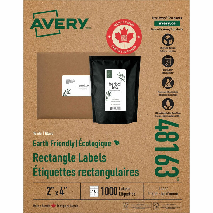 Avery&reg; Earth Friendly Rectangle Labels for Laser and Inkjet printers, 2 x 4" - 2" (50.80 mm) Width x 4" (101.60 mm) Length - Permanent Adhesive - Rectangle - Laser, Inkjet - Matte - White - Paper - 10 / Sheet - 100 Total Sheets - 1000 Total Label(s) -