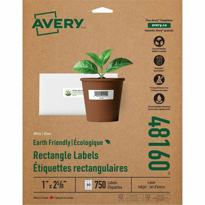 Avery&reg; Earth Friendly Rectangle Labels for Laser and Inkjet printers, 1 x 2 5/8" - 1" (25.40 mm) Width x 2 5/8" (66.68 mm) Length - Permanent Adhesive - Rectangle - Laser, Inkjet - Matte - White - Paper - 30 / Sheet - 25 Total Sheets - 750 Total Label