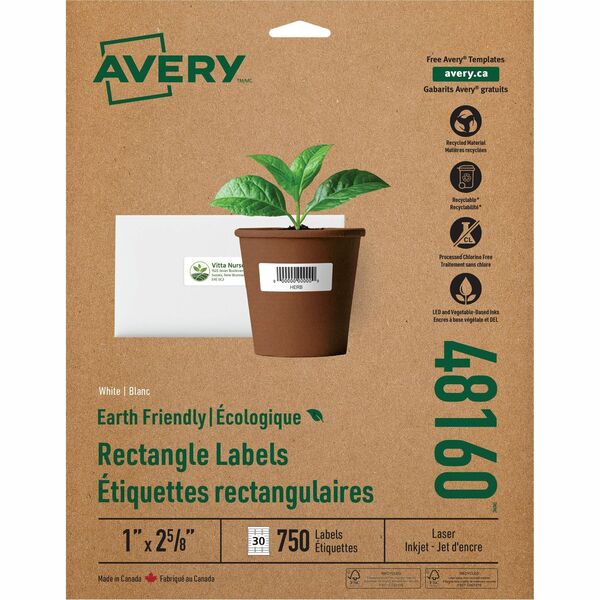 Avery&reg; Eco-Friendly Address Labels for Laser and Inkjet Printers, 1" x 2?" - 1" (25.40 mm) Width x 2 5/8" (66.68 mm) Length - Permanent Adhesive - Rectangle - Laser, Inkjet - Matte - White - Paper - Recyclable, PVC-free, Permanent Adhesive, Customizab