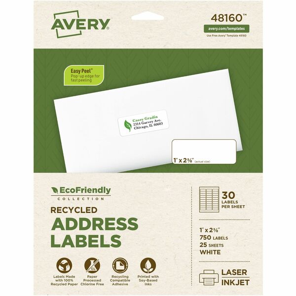 Avery Eco-Friendly Address Labels for Laser and Inkjet Printers, 1" x 2?" - 1" (25.40 mm) Width x 2 5/8" (66.68 mm) Length - Permanent Adhesive - Rectangle - Laser, Inkjet - Matte - White - Paper - 30 / Sheet - 25 Total Sheets - 750 Total Label(s) - Recyc