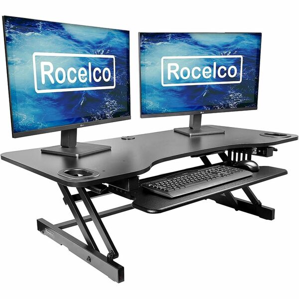 Rocelco ADR-45 45" Adjustable Desk Riser with EVR - 40 lb (18143.69 g) Load Capacity - 17.50" (444.50 mm) Height x 45" (1143 mm) Width x 23.50" (596.90 mm) Depth - Desk - Black - For Monitor, Keyboard, Notebook - Scratch Resistant Pad, Sturdy, Handle, Erg