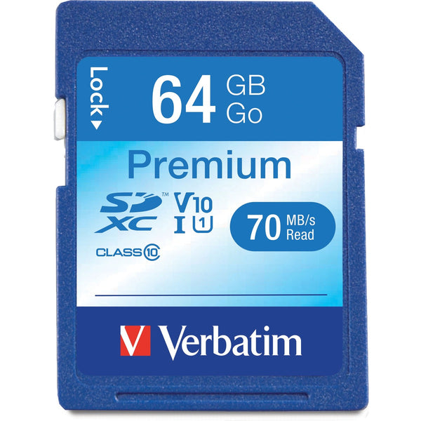 Verbatim Premium 64 GB Class 10/UHS-I (U1) SDXC - 1 Each  - 70 MB/s Read - 300x Memory Speed - Lifetime Warranty
