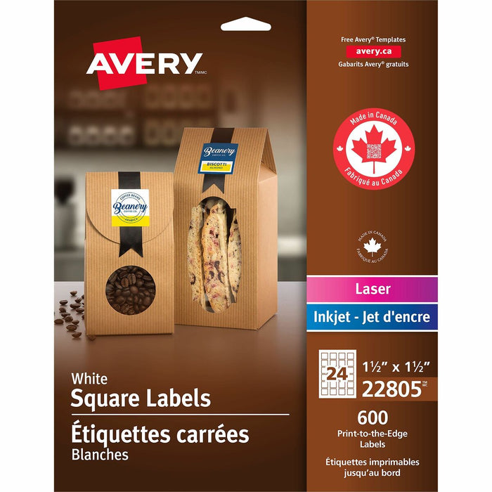 Avery&reg; Matte White Square Labels1½" x 1½" - 1 1/2" (38.10 mm) Width x 1 1/2" (38.10 mm) Length - Permanent Adhesive - Square - Laser, Inkjet - Matte - Matte White - Paper - 24 / Sheet - 25 Total Sheets - 600 Total Label(s) - 600 / Pack