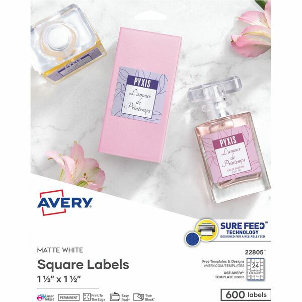Avery Matte White Square Labels1½" x 1½" - 1 1/2" (38.10 mm) Width x 1 1/2" (38.10 mm) Length - Permanent Adhesive - Square - Laser, Inkjet - Matte - Matte White - Paper - 24 / Sheet - 25 Total Sheets - 600 Total Label(s) - Print-to-the Edge, Permanent Ad