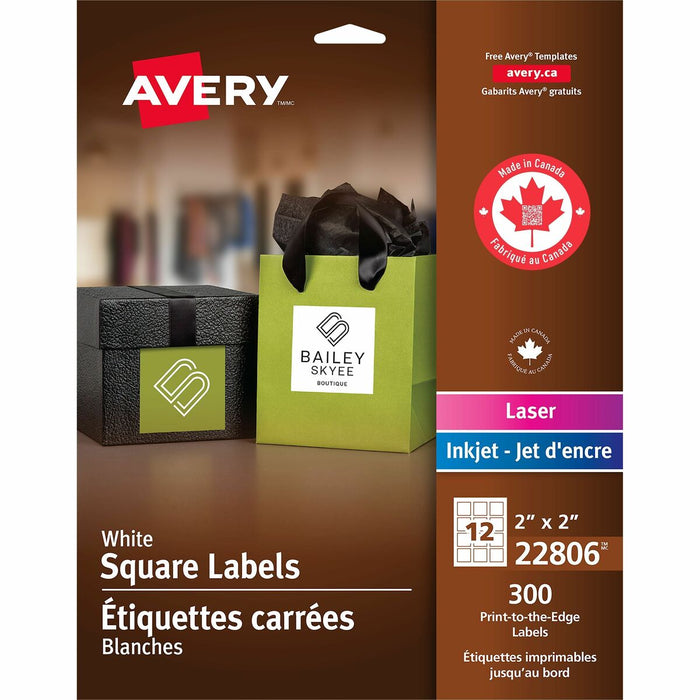 Avery&reg; Matte White Square Labels2" x 2" - 2" (50.80 mm) Width x 2" (50.80 mm) Length - Permanent Adhesive - Square - Laser, Inkjet - Matte - Matte White - Paper - 12 / Sheet - 25 Total Sheets - 300 Total Label(s) - 300 / Pack