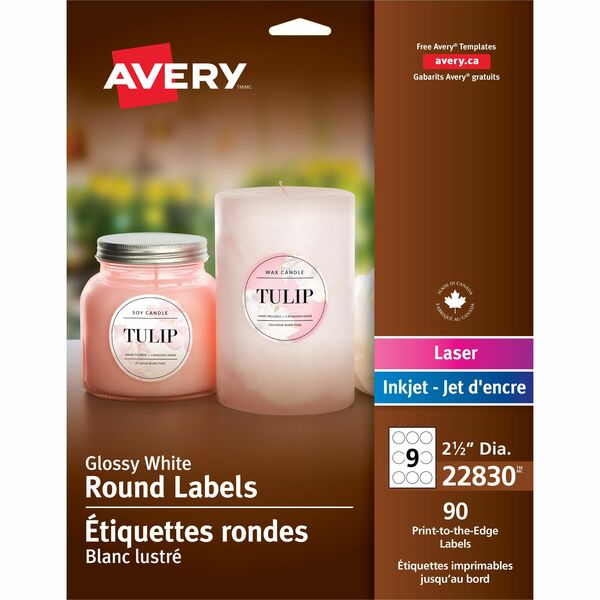 Avery Glossy White Round Labels2½" - 2 1/2" (63.50 mm) Diameter - Permanent Adhesive - Round - Laser, Inkjet - Glossy - Bright White - Paper - 9 / Sheet - 10 Total Sheets - 90 Total Label(s) - Print-to-the Edge, Permanent Adhesive, Bleed Resistant, Custom