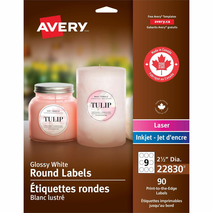 Avery&reg; Glossy White Round Labels2½" - 2 1/2" (63.50 mm) Diameter - Permanent Adhesive - Round - Laser, Inkjet - Glossy - Bright White - Paper - 9 / Sheet - 10 Total Sheets - 90 Total Label(s) - 90 / Pack