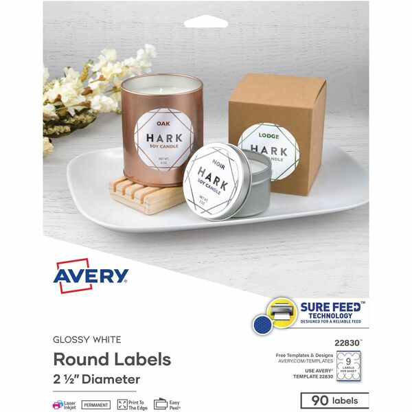 Avery&reg; Glossy White Round Labels2½" - 2 1/2" (63.50 mm) Diameter - Permanent Adhesive - Round - Laser, Inkjet - Glossy - Bright White - Paper - Print-to-the Edge, Permanent Adhesive, Bleed Resistant, Customizable, Peeling Resistant, Curl Resistant, St