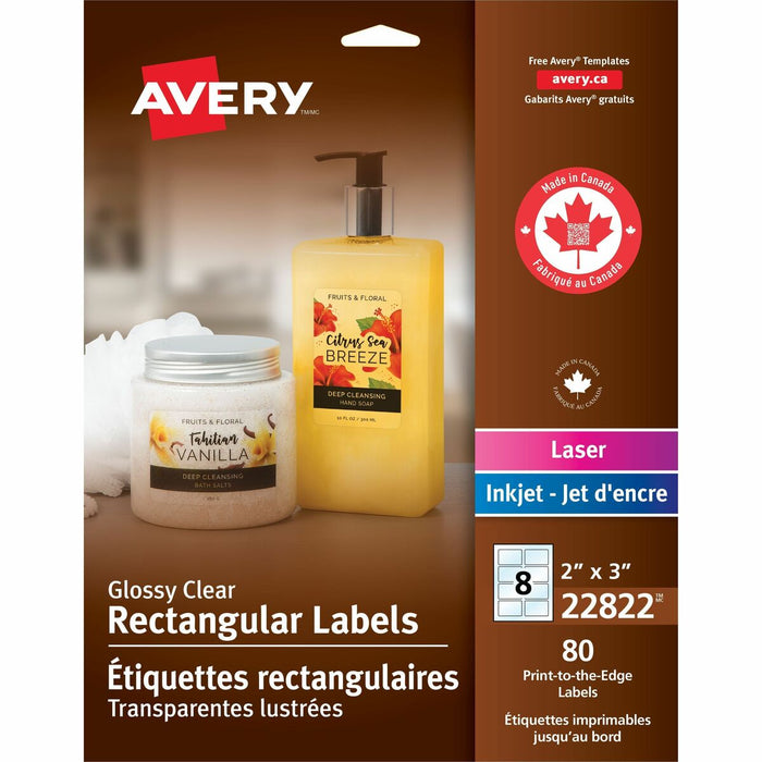 Avery&reg; Glossy Clear Rectangle Labels2" x 3" - 2" (50.80 mm) Width x 3" (76.20 mm) Length - Permanent Adhesive - Rectangle - Laser, Inkjet - Glossy - Crystal Clear - Film - 8 / Sheet - 10 Total Sheets - 80 Total Label(s) - 80 / Pack