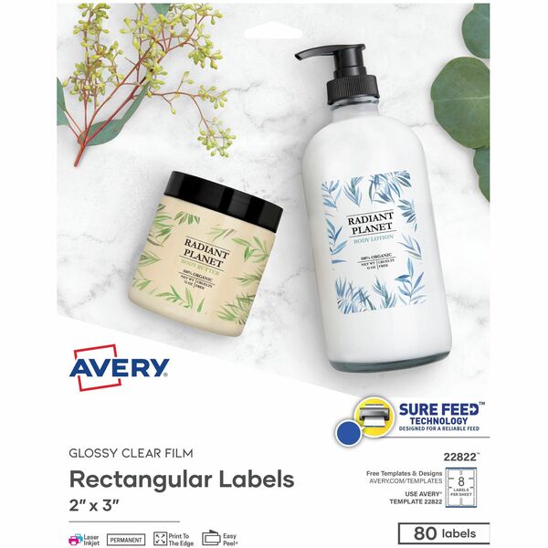 Avery&reg; Glossy Clear Rectangle Labels2" x 3" - 2" (50.80 mm) Width x 3" (76.20 mm) Length - Permanent Adhesive - Rectangle - Laser, Inkjet - Glossy - Crystal Clear - Film - Permanent Adhesive, Jam Resistant, Easy Peel, Pop Up Edge - 8 / Sheet - 10 Tota