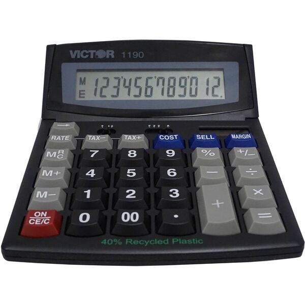 Victor 1190 Desktop Display Calculator - Easy-to-read Display, Large LCD, Tilt Display, Sign Change, Automatic Power Down, Independent Memory, Battery Backup, Environmentally Friendly, 3-Key Memory - Battery/Solar Powered - 1" (25.40 mm) Height x 5.9" (14