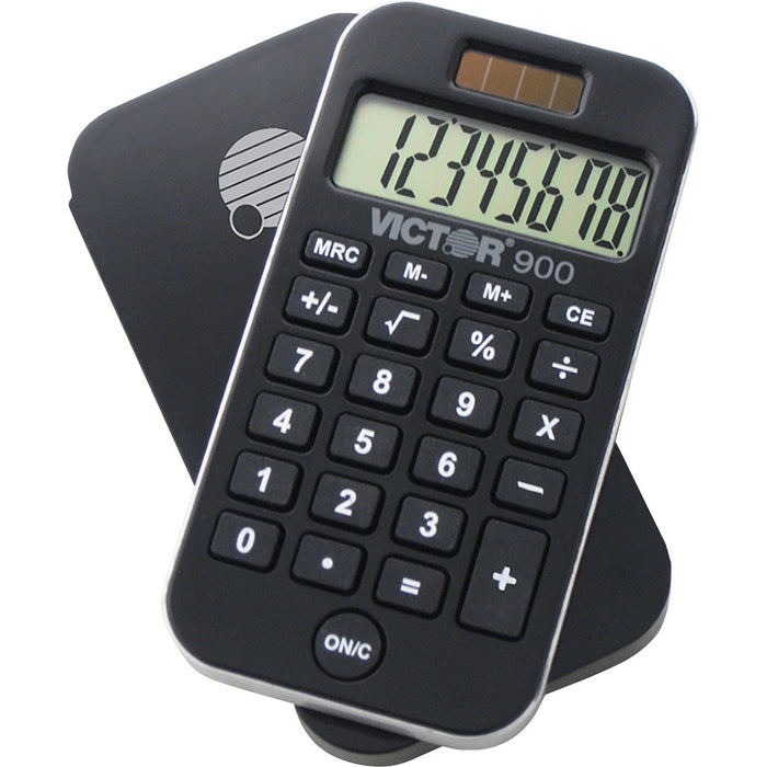 Victor 900 Handheld Calculator - Protective Hard Shell Cover, Big Display, Independent Memory, Dual Power - 0.55" (14 mm) - 8 Digits - LCD - Battery/Solar Powered - 0.3" (6.35 mm) Height x 2.5" (63.50 mm) Width x 4.3" (107.95 mm) Depth - Black - Rubber -