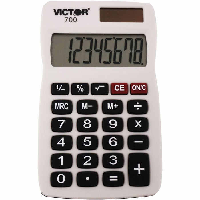 Victor 700 Pocket Calculator - 4 Functions - Large LCD, Easy-to-read Display, Rubber Keytop, Dual Power - 8 Digits - LCD - Battery/Solar Powered - 0.3" (6.35 mm) Height x 2.3" (57.15 mm) Width x 4" (101.60 mm) Depth - Gray - Rubber - 1 Each