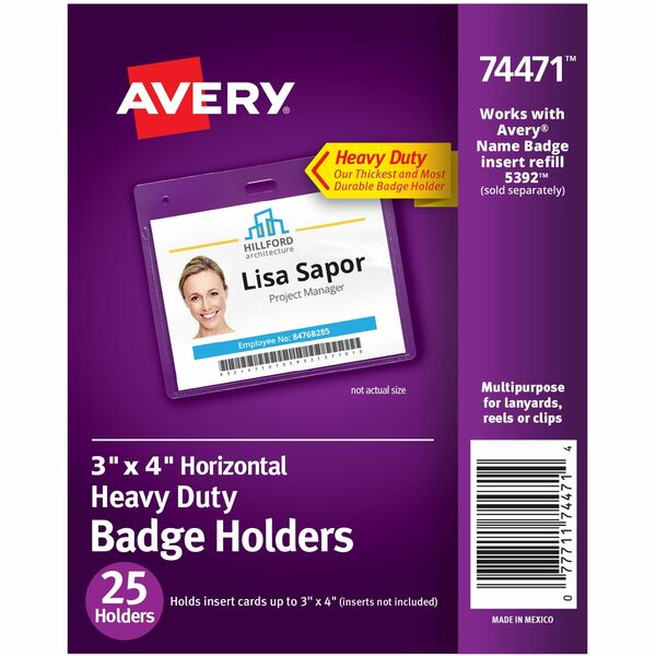 Avery&reg; Heavy-Duty Badge Holders - Support 3" (76.20 mm) x 4" (101.60 mm) Media - Landscape - Polyvinyl Chloride (PVC) - Clear - Reusable, Durable, Top Loading, Secure, Clip-on, Heavy Duty - 25 / Pack