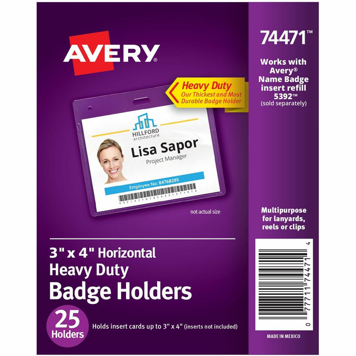 Avery&reg; Heavy-Duty Badge Holders - Support 3" (76.20 mm) x 4" (101.60 mm) Media - Landscape - Polyvinyl Chloride (PVC) - Clear - Reusable, Durable, Top Loading, Secure, Clip-on, Heavy Duty - 25 / Pack