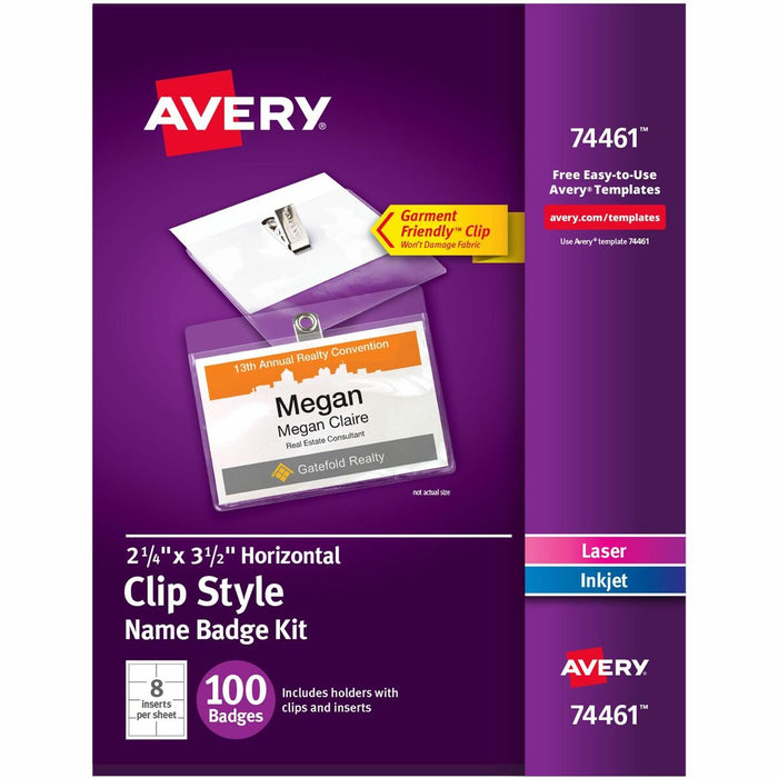 Avery&reg; Garment Friendly Clip Style Name Badge Kitfor Laser and Inkjet Printers - 3 1/2" (88.90 mm) x 2 1/4" (57.15 mm) - Durable, Reusable, Printable - White - 100 / Box