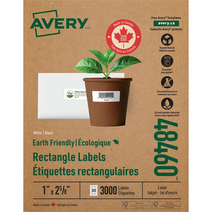 Avery&reg; Eco-Friendly Address Labelsfor Laser and Inkjet Printers, 1" x 2⅝" - 1" (25.40 mm) Width x 2 5/8" (66.68 mm) Length - Permanent Adhesive - Rectangle - Laser, Inkjet - Matte - White - Paper - 30 / Sheet - 100 Total Sheets - 3000 Total Labe