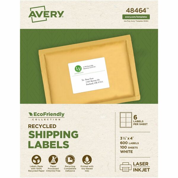 Avery Eco-Friendly Shipping Labels for for Laser and Inkjet Printers, 3?" x 4" - 3 21/64" (84.58 mm) Width x 4" (101.60 mm) Length - Permanent Adhesive - Rectangle - Laser, Inkjet - Matte - White - Paper - 6 / Sheet - 100 Total Sheets - 600 Total Label(s)