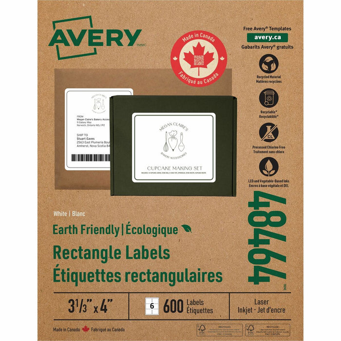 Avery&reg; Eco-Friendly Shipping Labels for for Laser and Inkjet Printers, 3&frac13;" x 4" - 3 21/64" (84.58 mm) Width x 4" (101.60 mm) Length - Permanent Adhesive - Rectangle - Laser, Inkjet - Matte - White - Paper - 6 / Sheet - 100 Total Sheets - 600 To