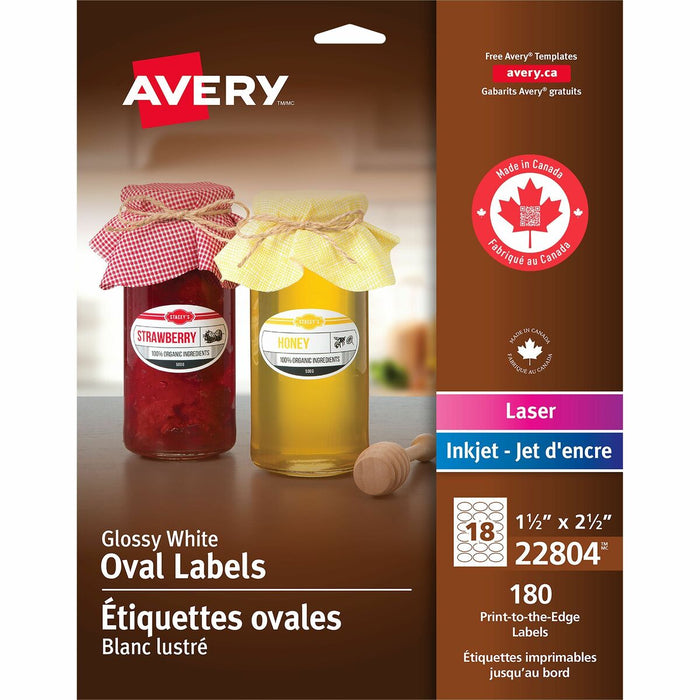 Avery&reg; Glossy White Oval Labels1½" x 2½" - 2 1/2" (63.50 mm) Width x 1 1/2" (38.10 mm) Length - Permanent Adhesive - Oval - Laser, Inkjet - Glossy - White - Paper - 18 / Sheet - 10 Total Sheets - 180 Total Label(s) - 180 / Pack