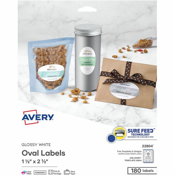 Avery Glossy White Oval Labels1½" x 2½" - 2 1/2" (63.50 mm) Width x 1 1/2" (38.10 mm) Length - Permanent Adhesive - Oval - Laser, Inkjet - Glossy - White - Paper - 18 / Sheet - 10 Total Sheets - 180 Total Label(s) - Print-to-the Edge, Permanent Adhesive,