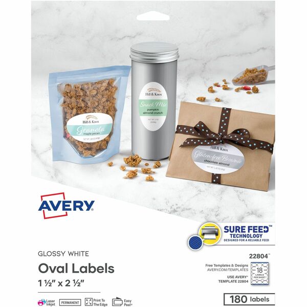 Avery&reg; Glossy White Oval Labels1½" x 2½" - 2 1/2" (63.50 mm) Width x 1 1/2" (38.10 mm) Length - Permanent Adhesive - Oval - Laser, Inkjet - Glossy - White - Paper - Print-to-the Edge, Permanent Adhesive, Stick & Stay, Peeling Resistant, Curl Resistant