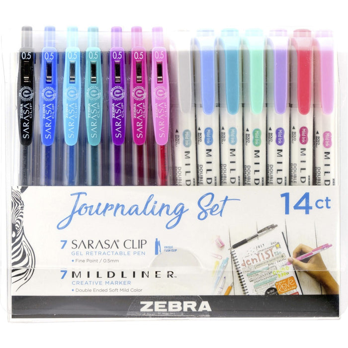Zebra SARASA Clip Pen/MIDLINER Marker Journaling Set - 0.5 mm (0.02"), 1 mm (0.04") Pen Point Size - Broad, Fine Marker Point - Bullet, Chisel Marker Point Style - Assorted Water Based Ink - Retractable - Double Ended, Push Button Mechanism, Pocket Clip,