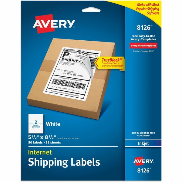 Avery&reg; White Rectangle LabelsTrueBlock&reg;, 8½" x 5½" , for Laser and Inkjet Printers - 5 1/2" (139.70 mm) Width x 8 1/2" (215.90 mm) Length - Permanent Adhesive - Rectangle - Inkjet - Matte - White - Paper - Permanent Adhesive, Jam Resistant, Smudge